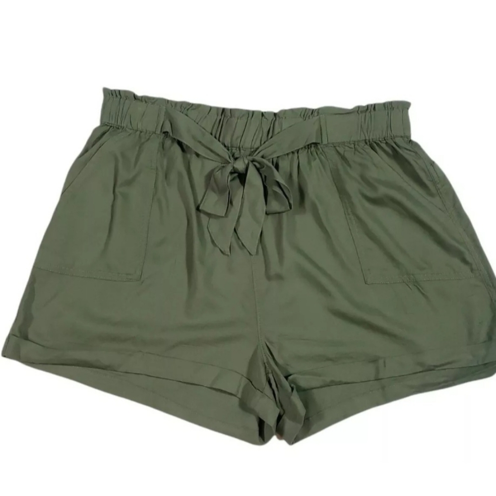 Olive Green Super High Rise Soft Shortie Shorts Junior Sz XL Paperbag Waist NWT